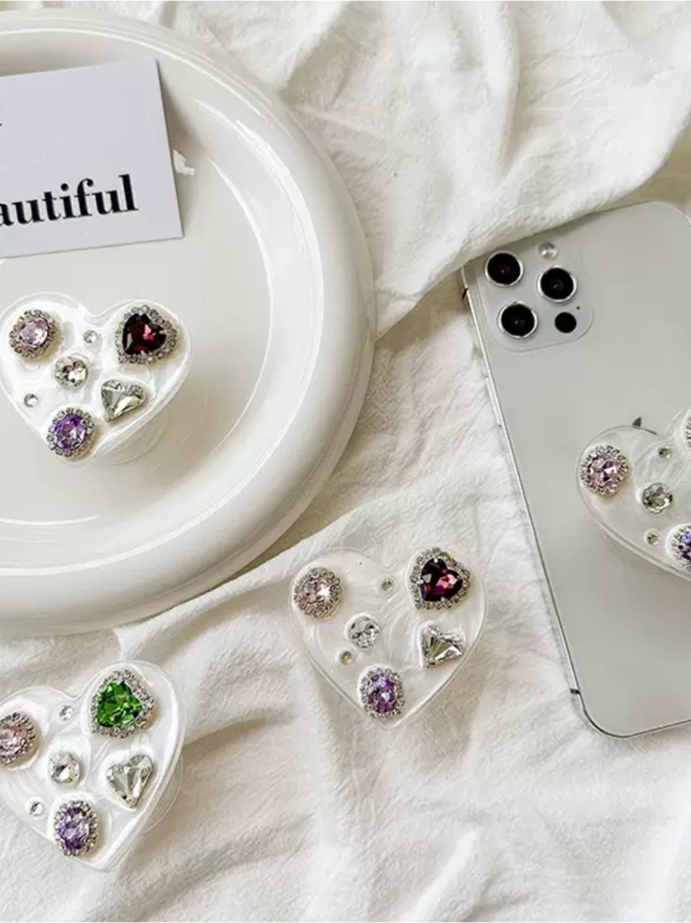 White Heart Phone Grip with Multi-Colored Gem Accents2pcs